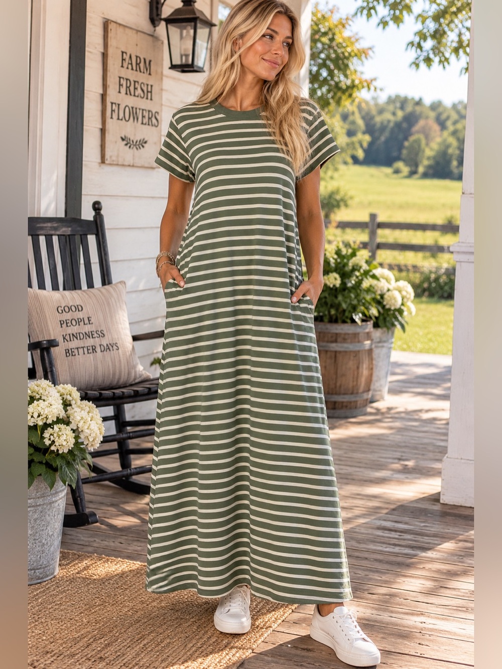 On 34th Maxi Dress M Olive Green Stripe Cotton Stretch Pockets T Shirt Casual